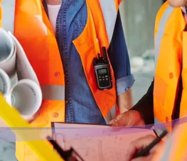 Techniciens portant des gilets de sécurité orange, discutant sur un chantier avec des plans et des équipements de communication en main.