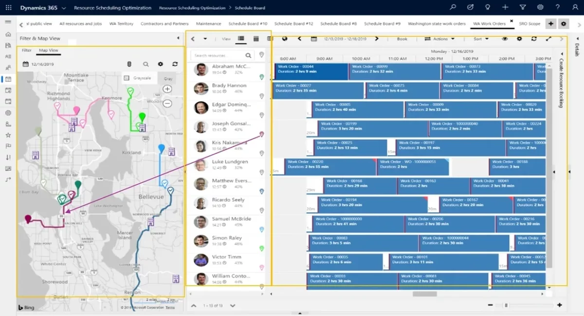 Capture d’écran de la planification des ressources dans Microsoft Dynamics 365 Field Service. L’image montre une carte avec les itinéraires des techniciens et un tableau de planification des ordres de travail, optimisés avec le module Resource Scheduling Optimization (RSO).