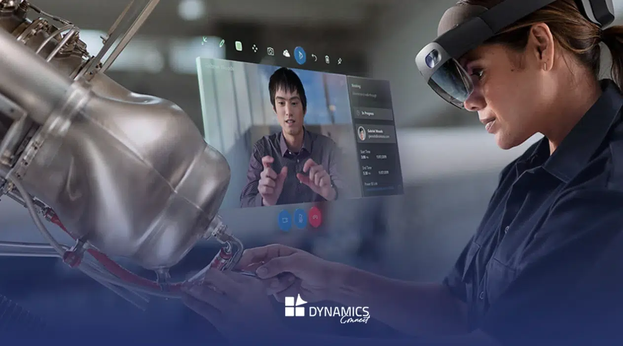 Technicienne de maintenance utilisant un casque de réalité mixte pour recevoir une assistance technique en temps réel sur un moteur industriel.