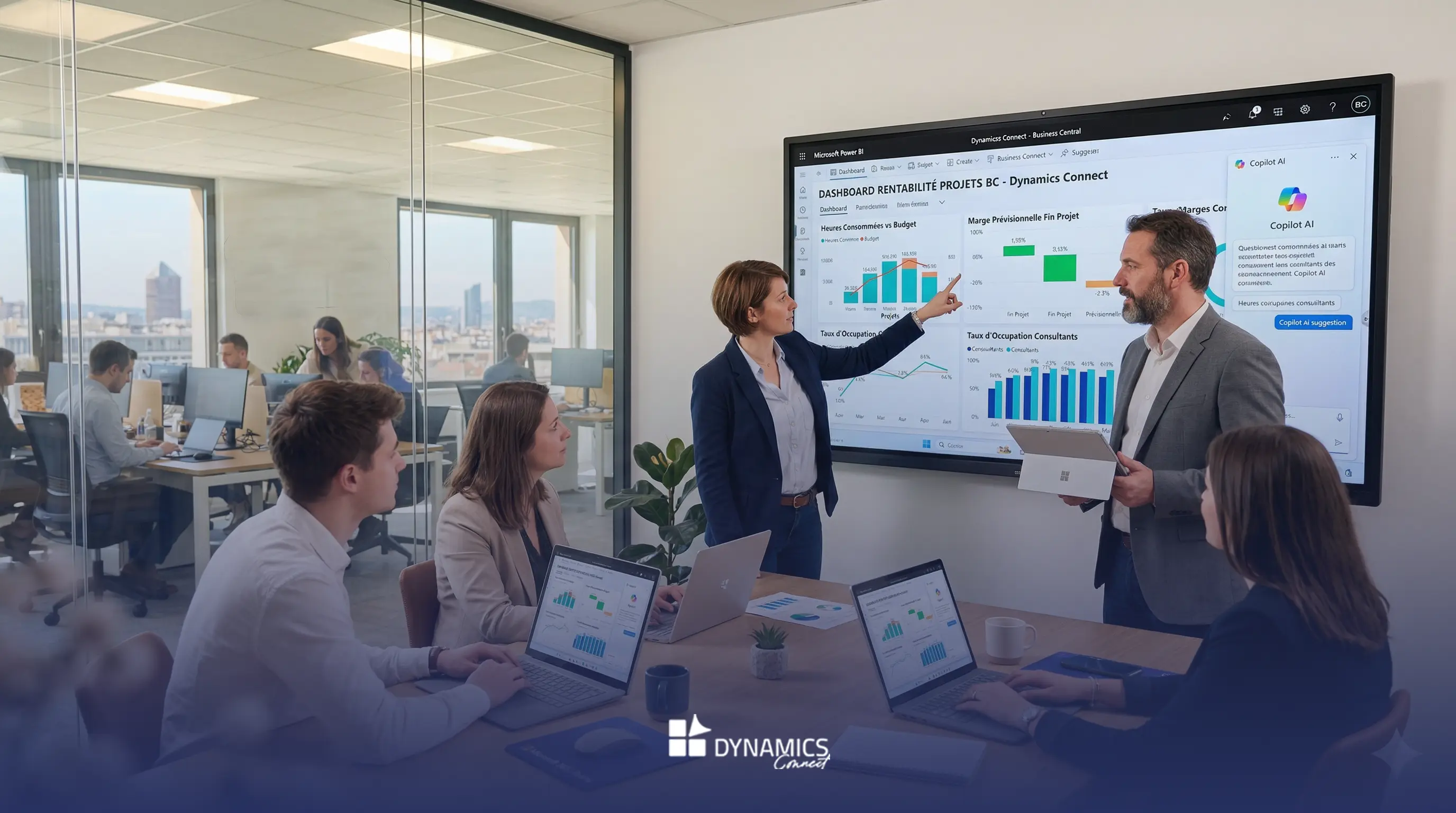 Équipe de consultants en réunion analysant un tableau de bord de rentabilité projet sur Microsoft Dynamics 365 Business Central dans un bureau moderne.