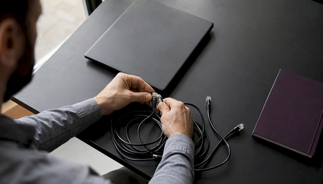 Une personne branche un câble réseau à côté d’un ordinateur portable.