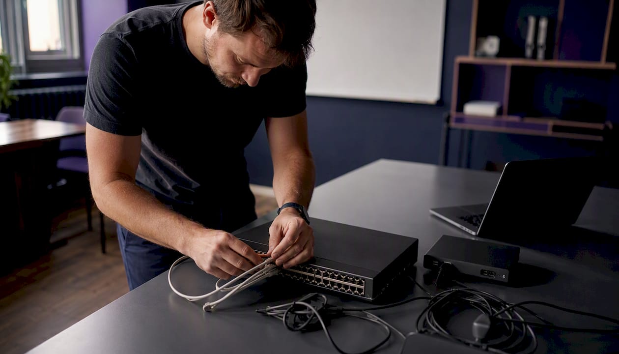 On voit des mains en train de brancher et d’organiser des câbles réseau sur un bureau.