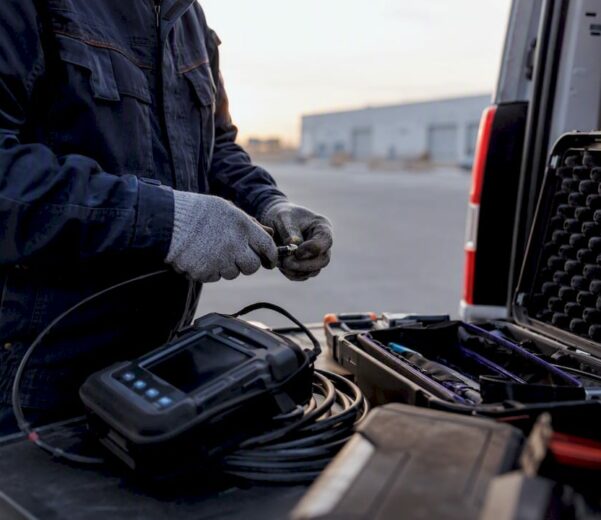 Technicien réglant ses outils à côté de la camionnette de service