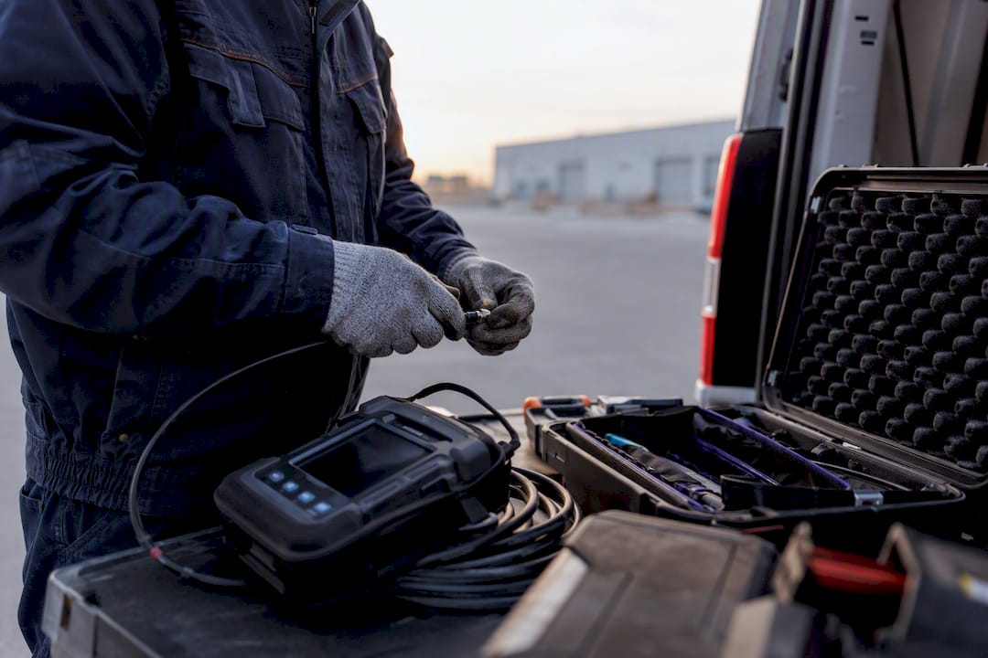 Technicien réglant ses outils à côté de la camionnette de service