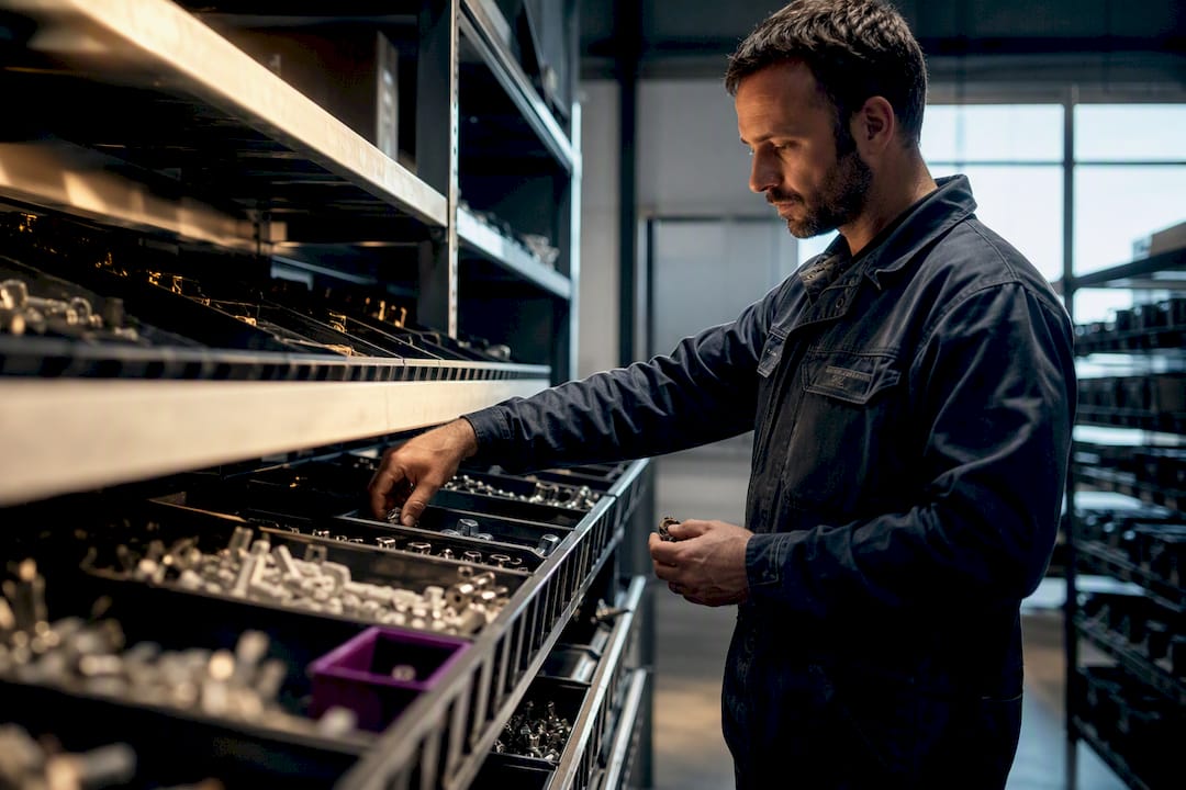 Technicien en tri des pièces détachées sur le terrain
