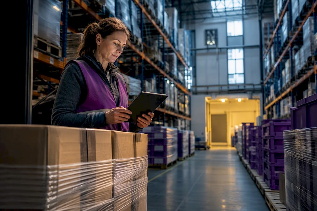Responsable contrôlant une palette en entrepôt